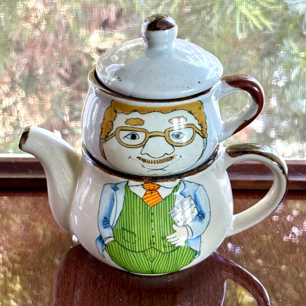 Vintage Tea for One Set, Mustache Man Stackable Teapot & Mug